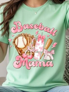 Gildan Mint Green "Baseball Mama" Graphic Tee with Pink Accents